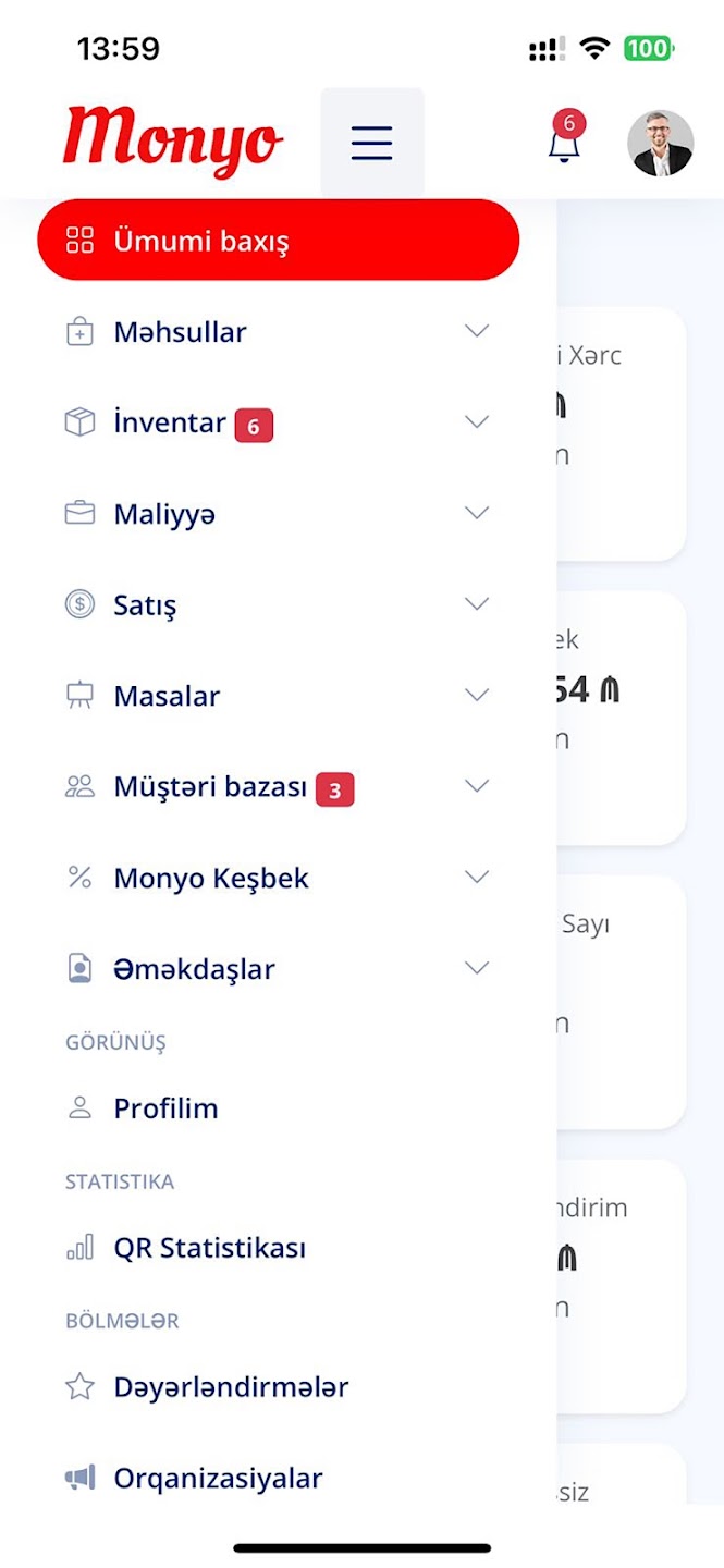 Monyo Manager — menyu: məhsullar, inventar, maliyyə, müştəri bazası, keşbek
