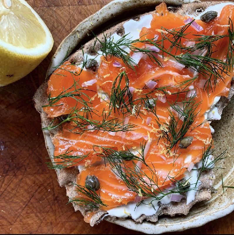 Currant graved salmon with arctic char roe crème