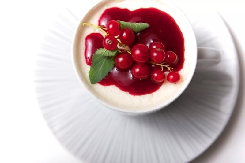 Red currant pannacotta with birch meringue