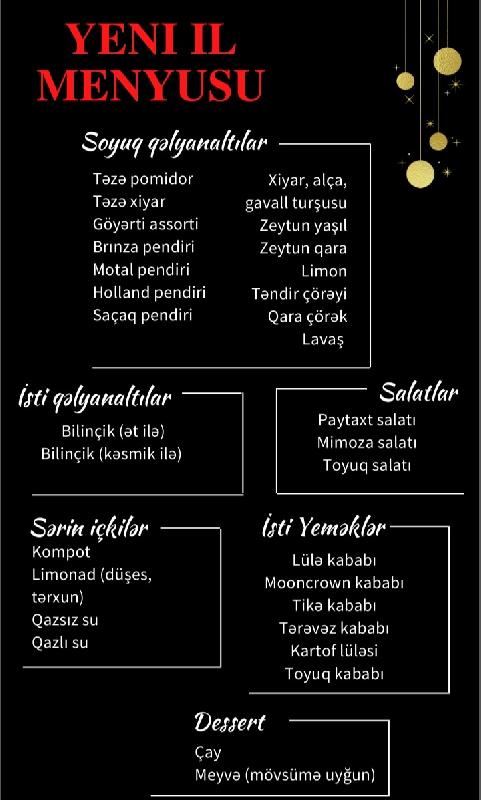 Soyuq Qəlyanaltılar, İsti Qəlyanaltılar, Salatlar, Sərin içkilər, İsti Yeməklər, Dessert 