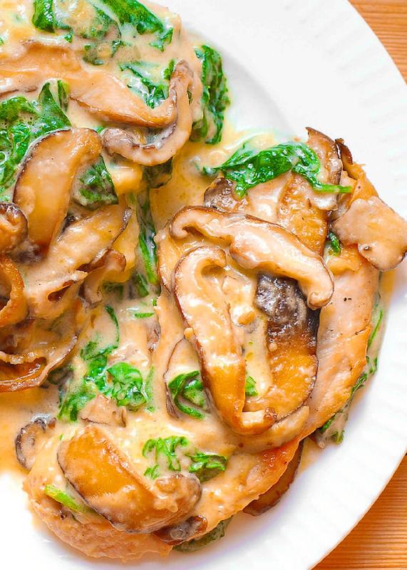 Chicken mushroom sauce and sauteed spinach 
