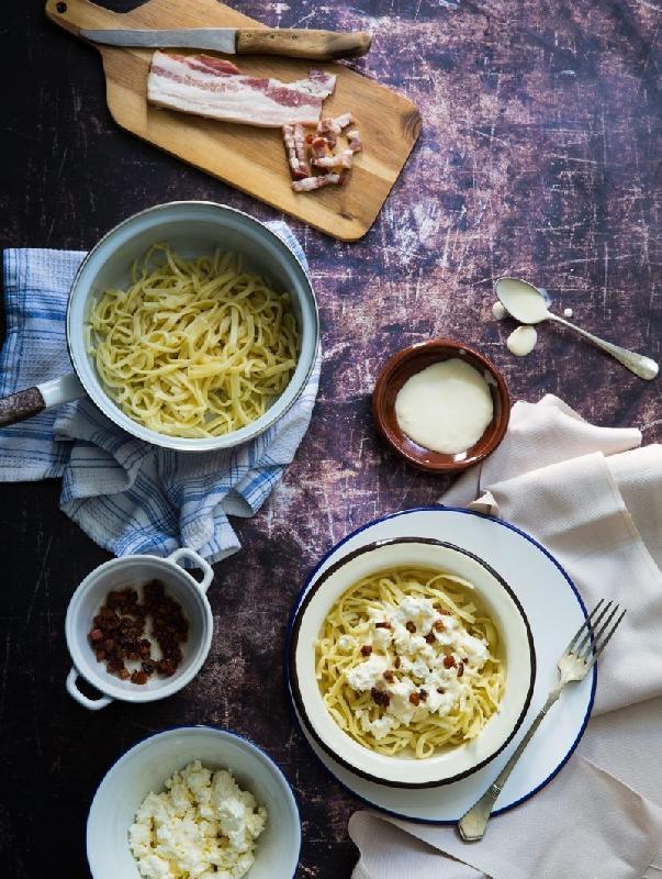  paprikash, pasta, cottage cheese, fried bacon, sour cream