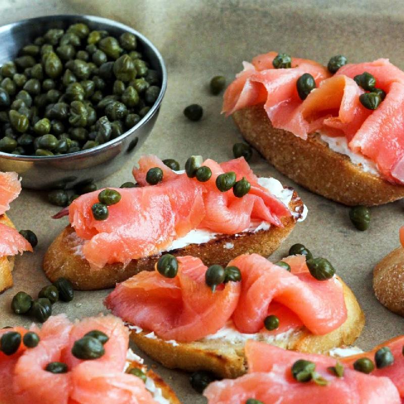 RYE TART WITH CITRUS CREAM CHEESE.  RED CAVIAR & SMOKED SALMON