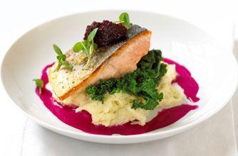 Oven baked trout fish fillet with beetroot-mashed potato