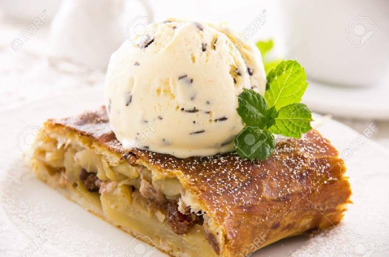 Apple strudel with vanilla ice cream