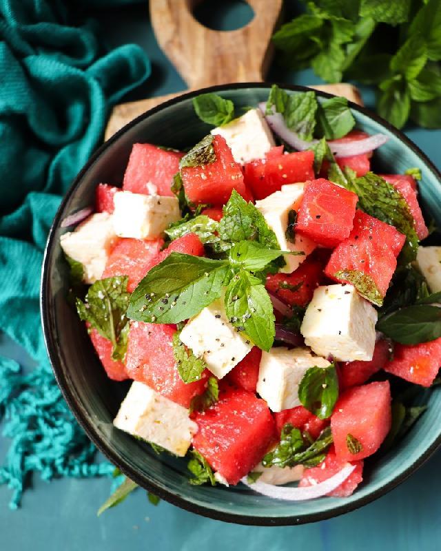 Watermelon feta salad, walnut and strawberry sorbet (N, D, V) 