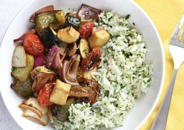GRILLED SEASONAL VEGETABLES STEAMED RICE
