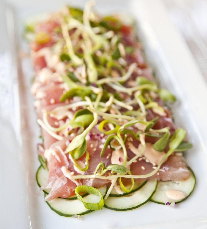 yellowfin tuna sashimi, wasabi, kumquat, ponzu