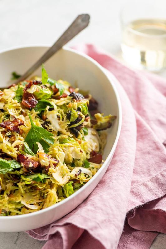 stracciatella, brussel sprouts salad, crispy sausage crumble