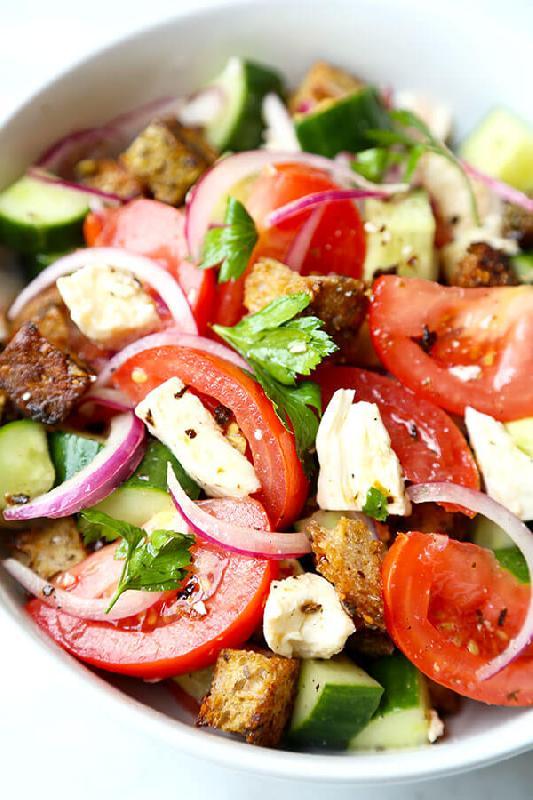 Panzanella salad, spicy red pesto, mizuna