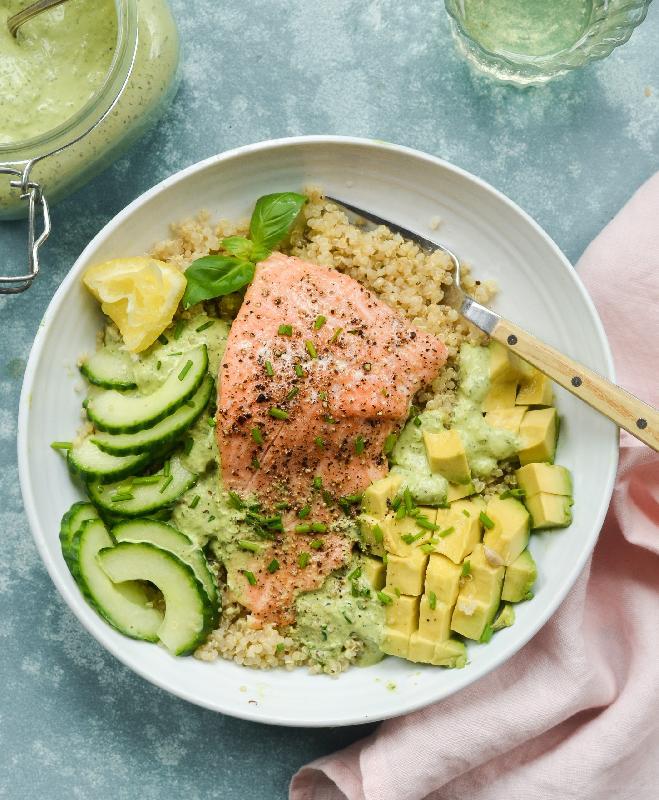 Avocado quinoa salmon salad
