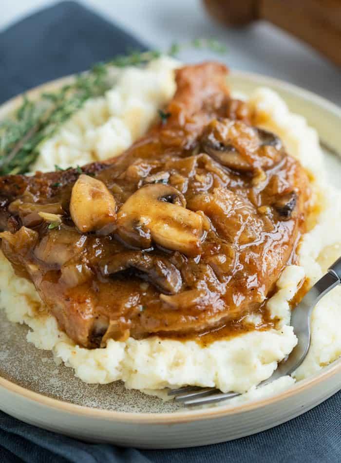 PORK CHOPS WITH CRISPY ONION AND MUSHED POTATOES 