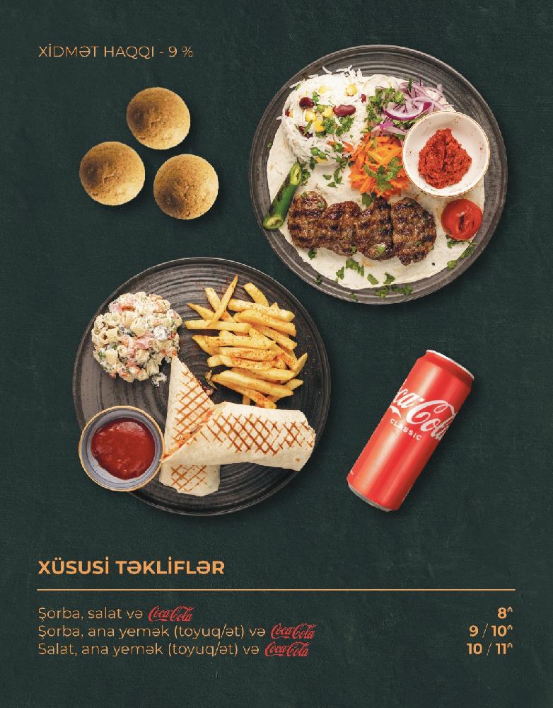 Şorba, ana yemək(toyuq) və Coca-Cola 