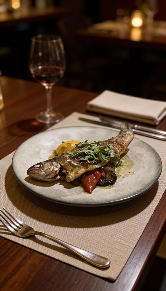 Qrildə qızardılmış Forel balığ pesto sousu ilə