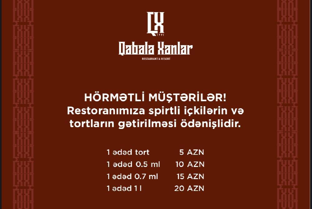 Restoranımıza spirtli içkilərin və tortların gətirilməsi ödənişlidir.