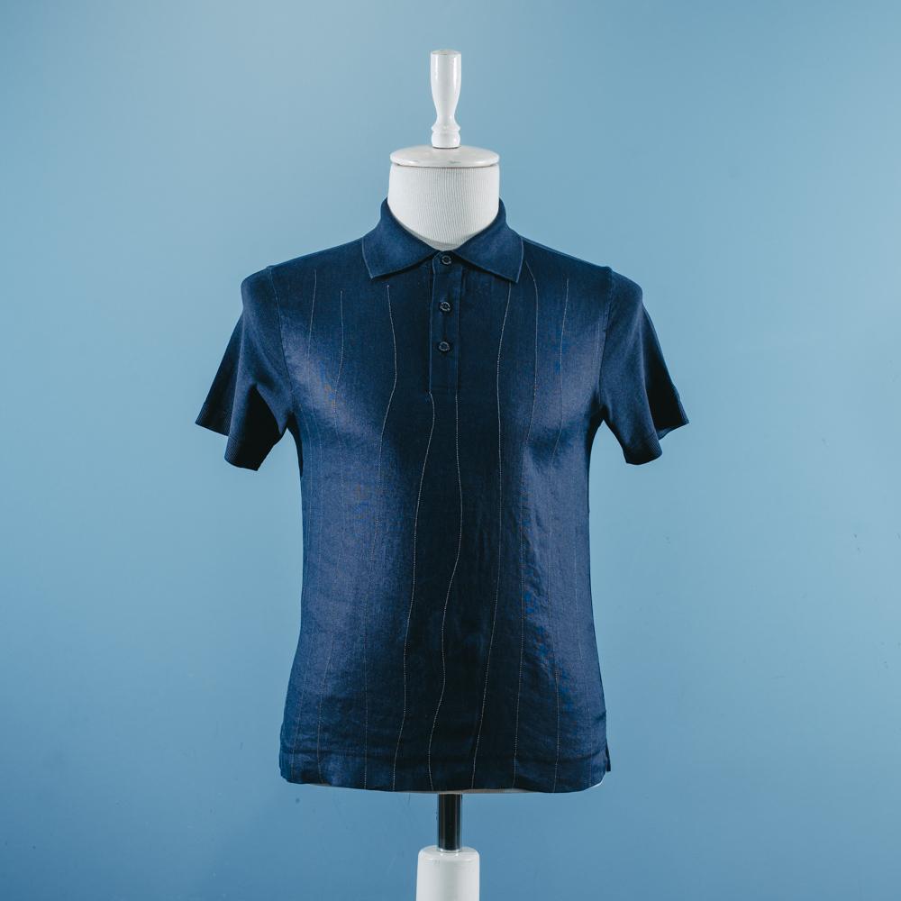Mavi cizgili kətan t-shirt