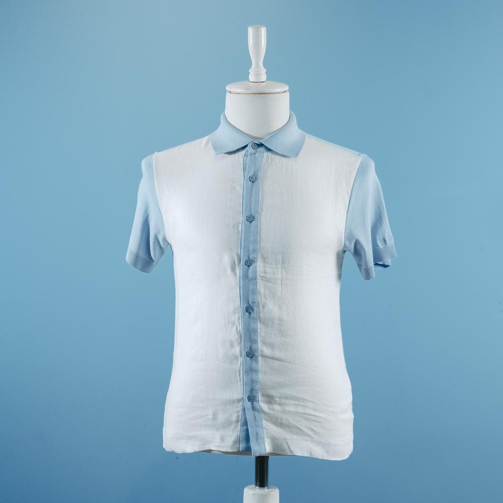 Mavi cizgili kətan t-shirt